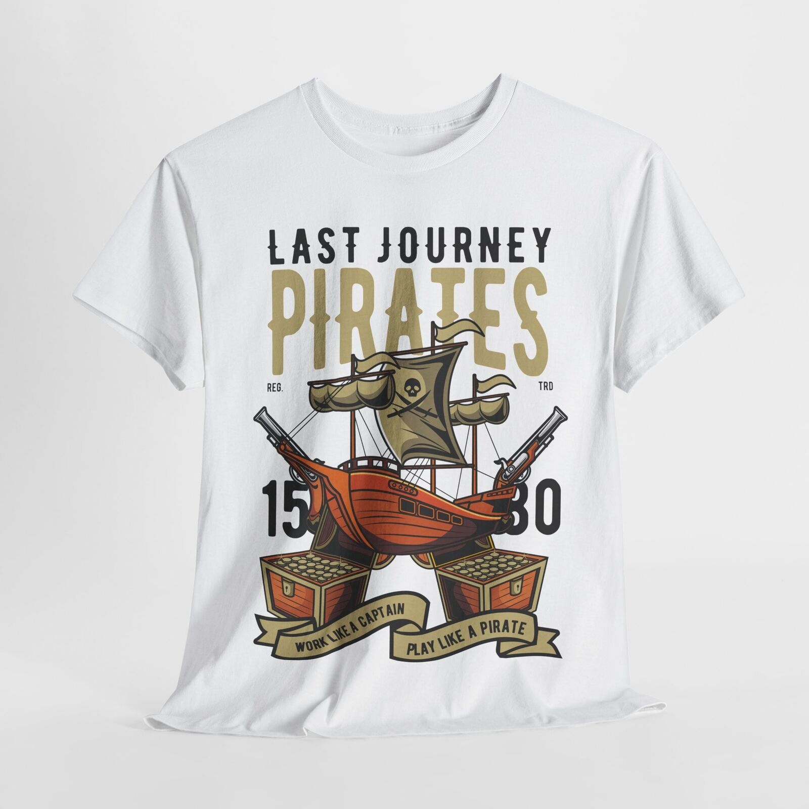 Men's Pirate T-Shirt - Last Journey Design with Bold Ship, Cannons & Gold Chests