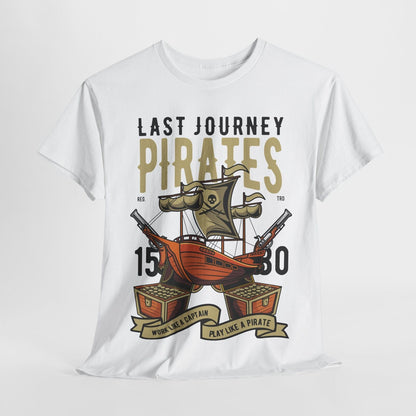 Men's Pirate T-Shirt - Last Journey Design with Bold Ship, Cannons & Gold Chests