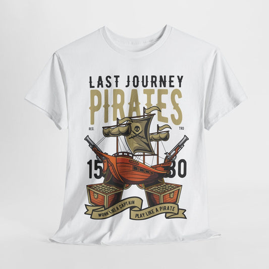Men's Pirate T-Shirt - Last Journey Design with Bold Ship, Cannons & Gold Chests