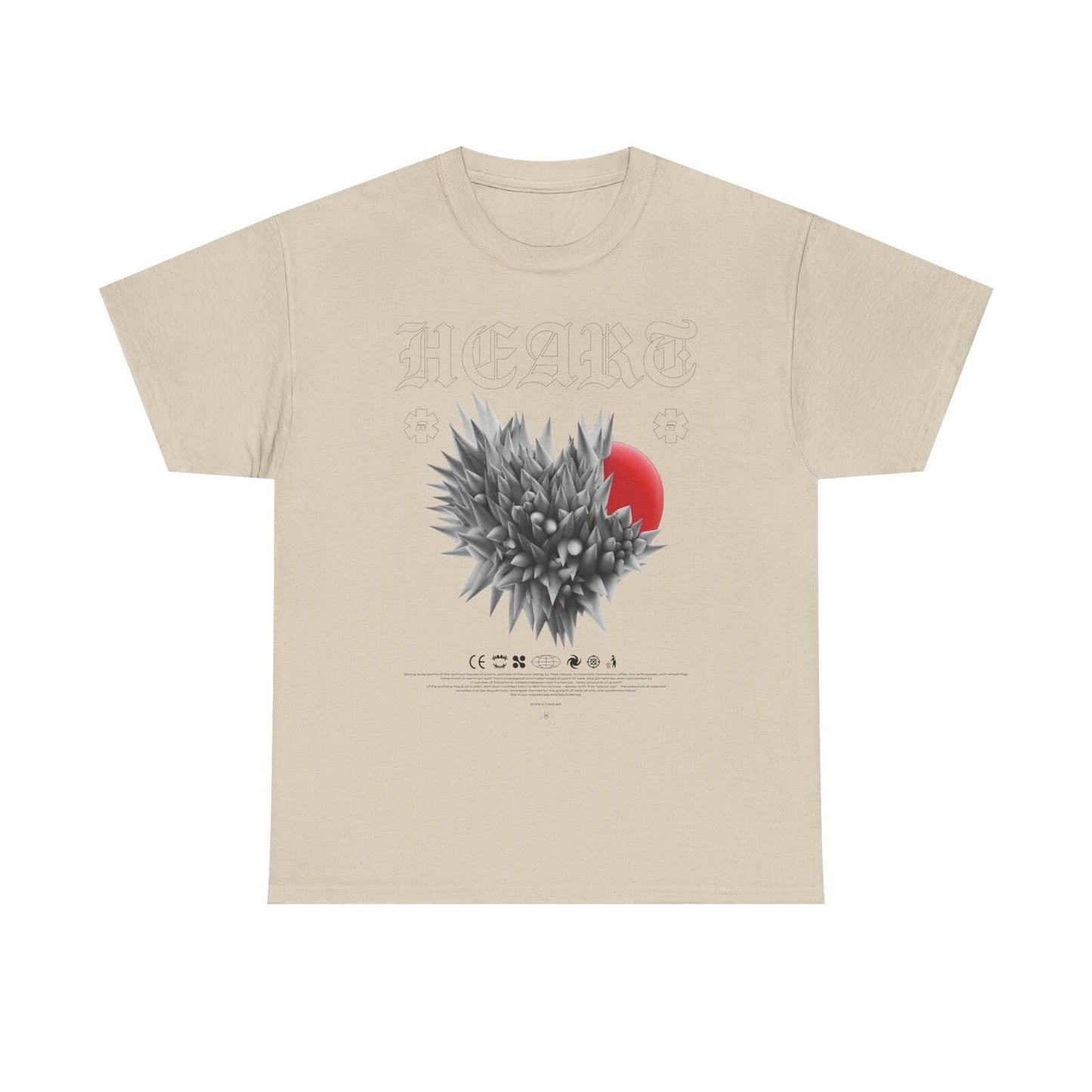 Stylish Gothic Heart T-Shirt Design  Abstract Spiky Cluster & Vibrant Red Circle