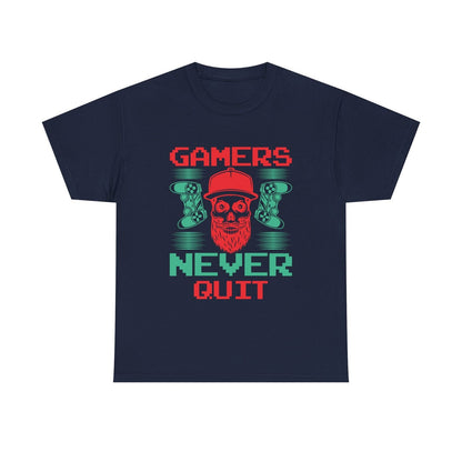 "Funny Motivational Gamer Men's T-Shirt: 'GAMERS NEVER QUIT' Graphic Design"