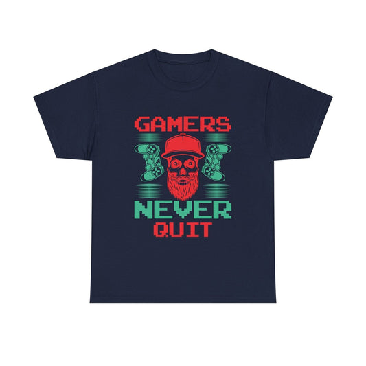 "Funny Motivational Gamer Men's T-Shirt: 'GAMERS NEVER QUIT' Graphic Design"