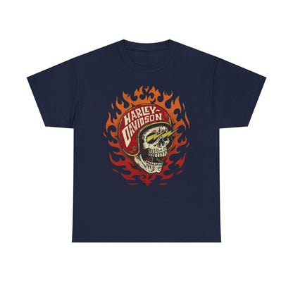 Bold Skull in Red Helmet T-Shirt: Vintage Harley Davidson Flames Design!