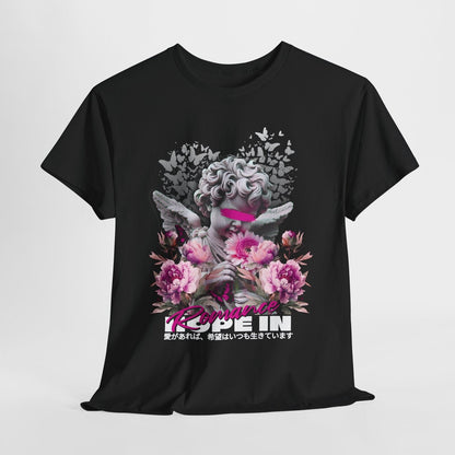 Artistic Men's T-Shirt Featuring Cherubic Angel, Romantic Flowers Hopeful Design