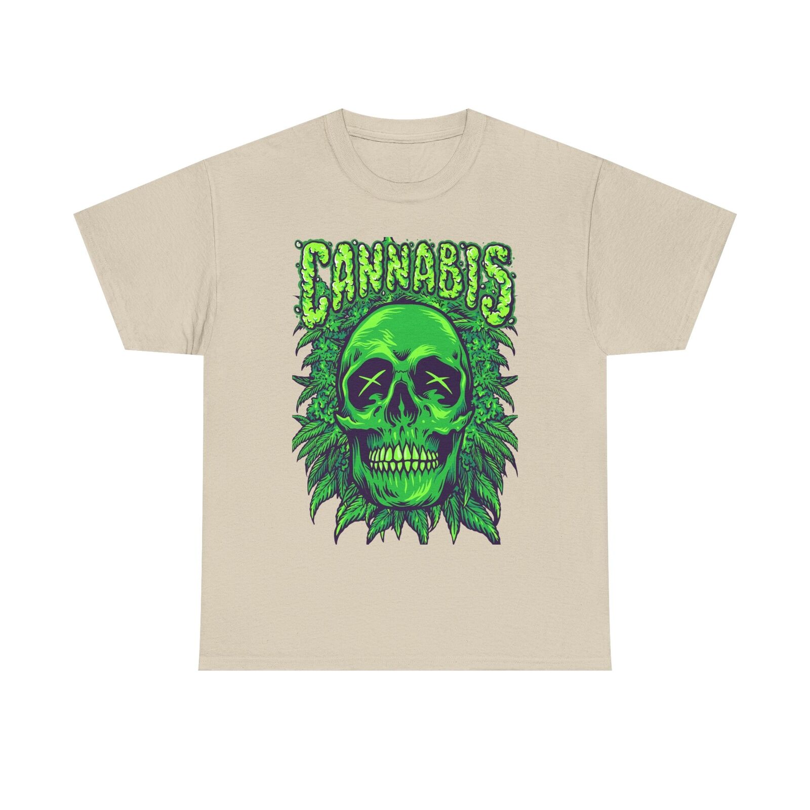 Bold Mens T-Shirt Featuring Vibrant Green Skull & Cannabis Leaves Graphic Design