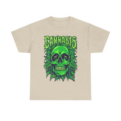 Bold Mens T-Shirt Featuring Vibrant Green Skull & Cannabis Leaves Graphic Design