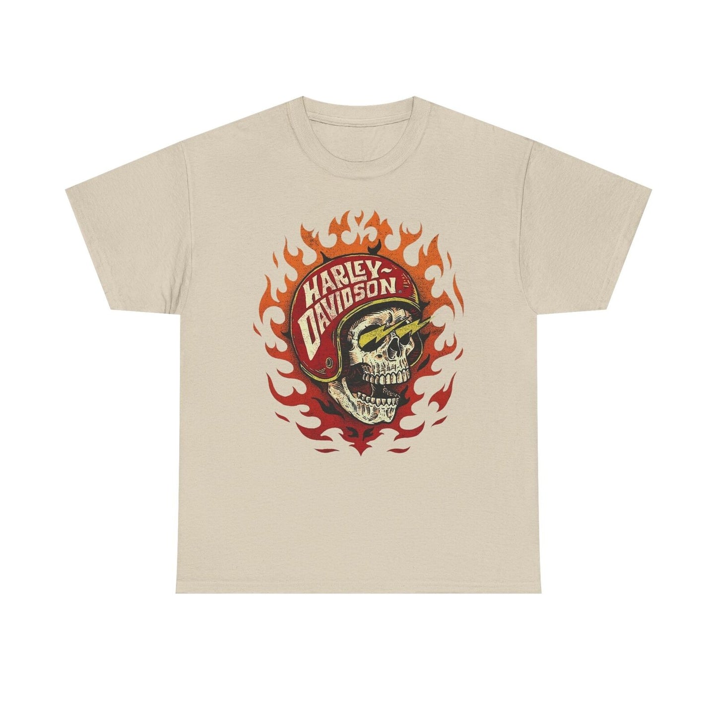 Bold Skull in Red Helmet T-Shirt: Vintage Harley Davidson Flames Design!