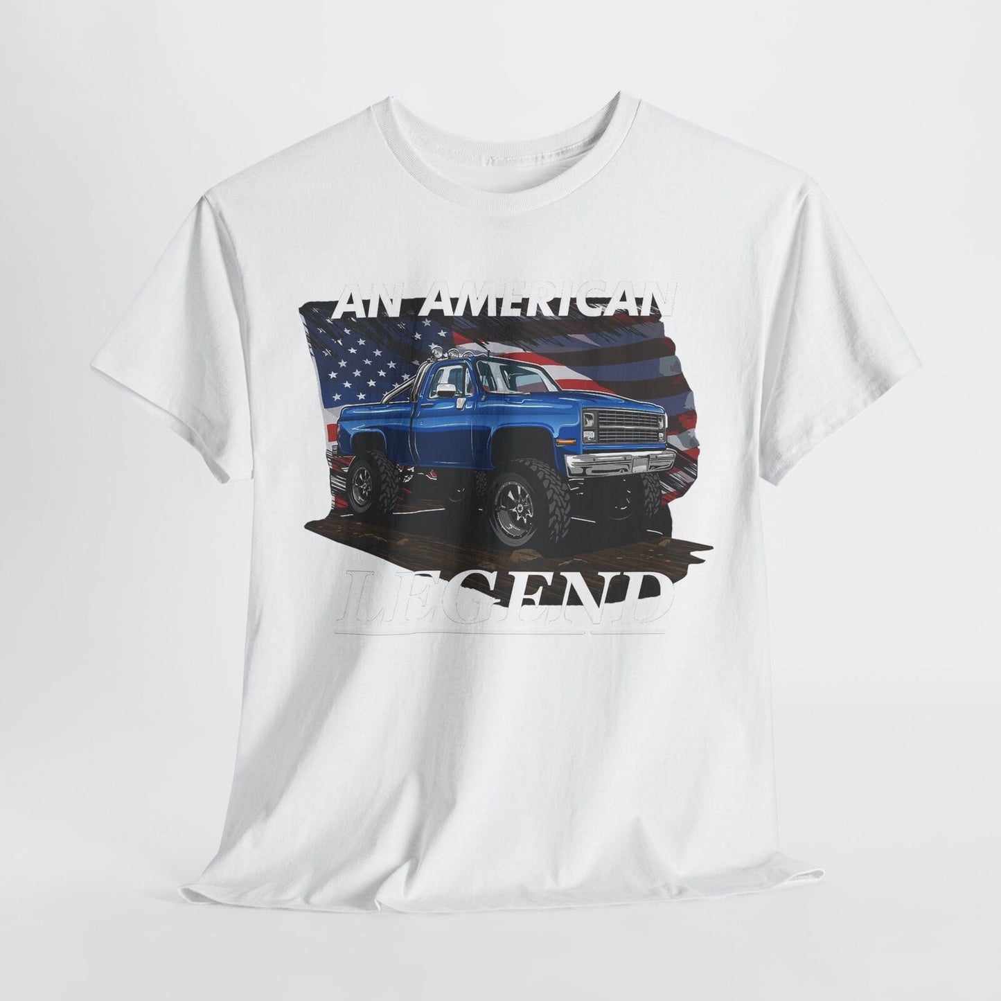 An American Legend T-Shirt: Vintage Lifted Truck & Patriotic Flag Design
