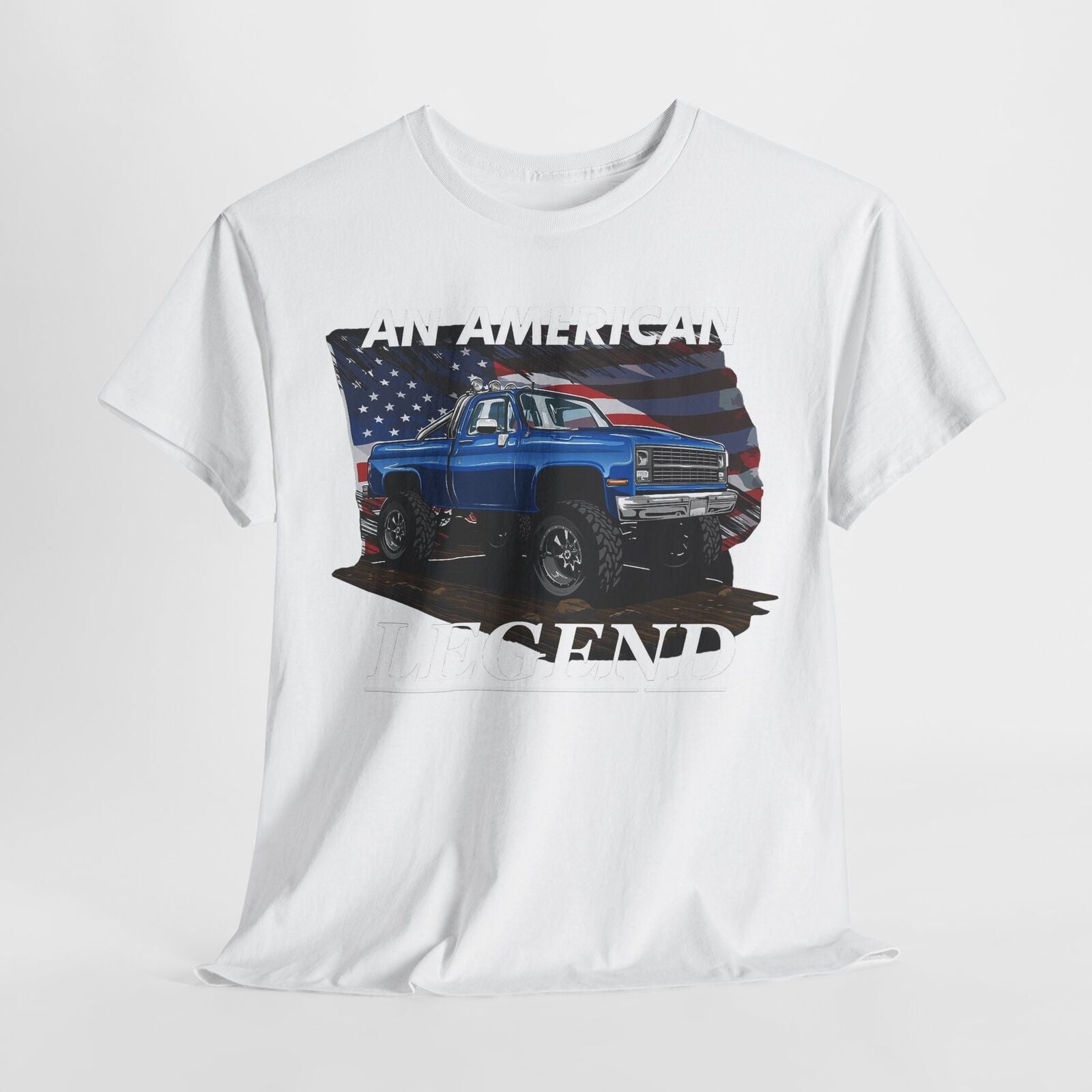 An American Legend T-Shirt: Vintage Lifted Truck & Patriotic Flag Design