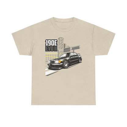 Dynamic Black 190E EVO II T-Shirt Design with Urban Cityscape & Speed Lines