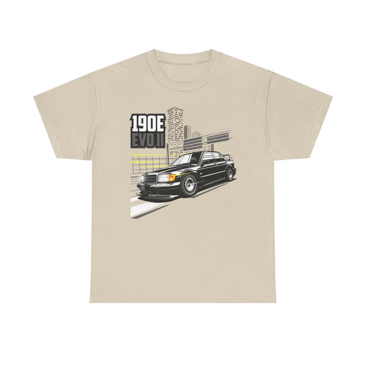 Dynamic Black 190E EVO II T-Shirt Design with Urban Cityscape & Speed Lines