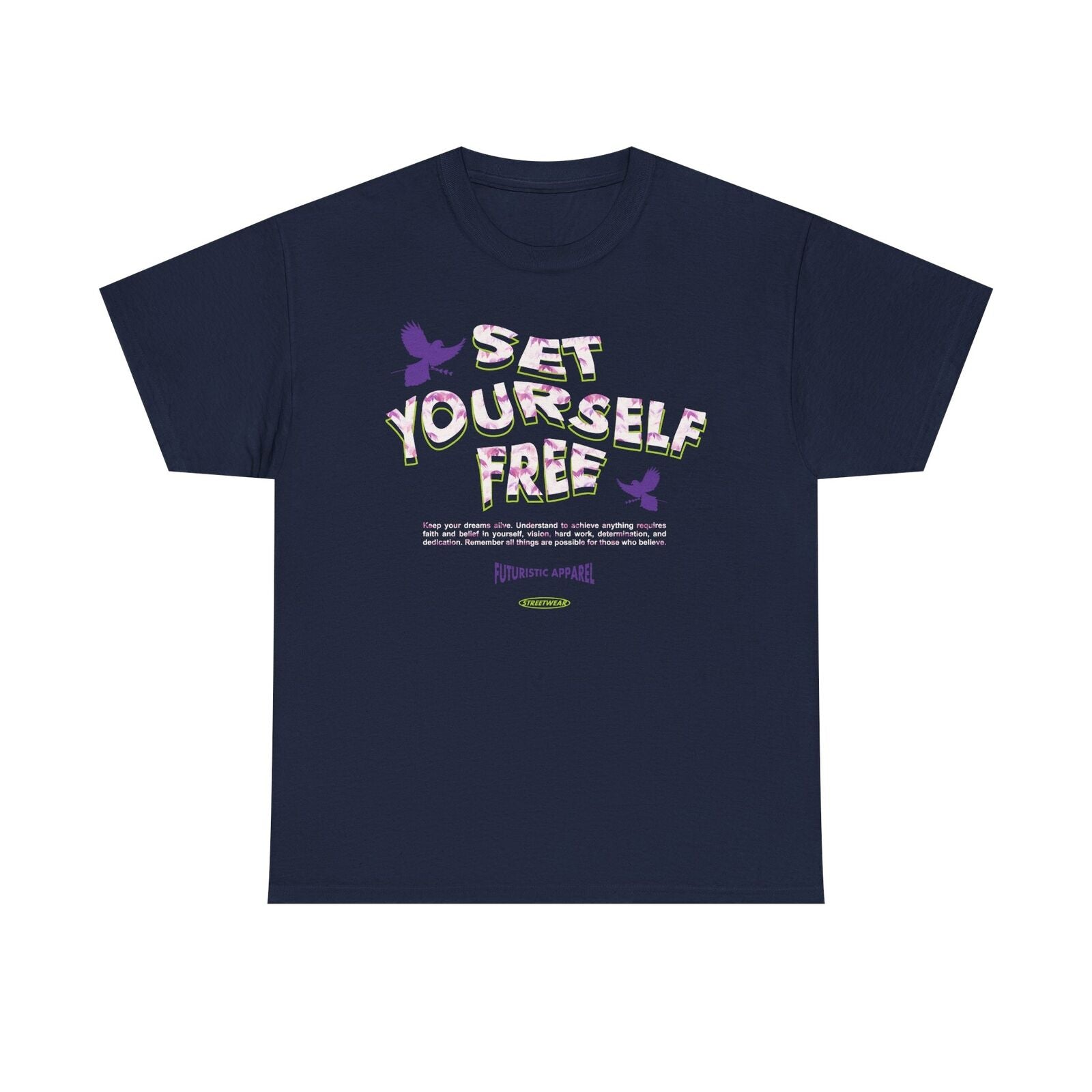 Empowering Set Yourself Free Graphic T-Shirt with Vibrant Leaf Design & Bird Art