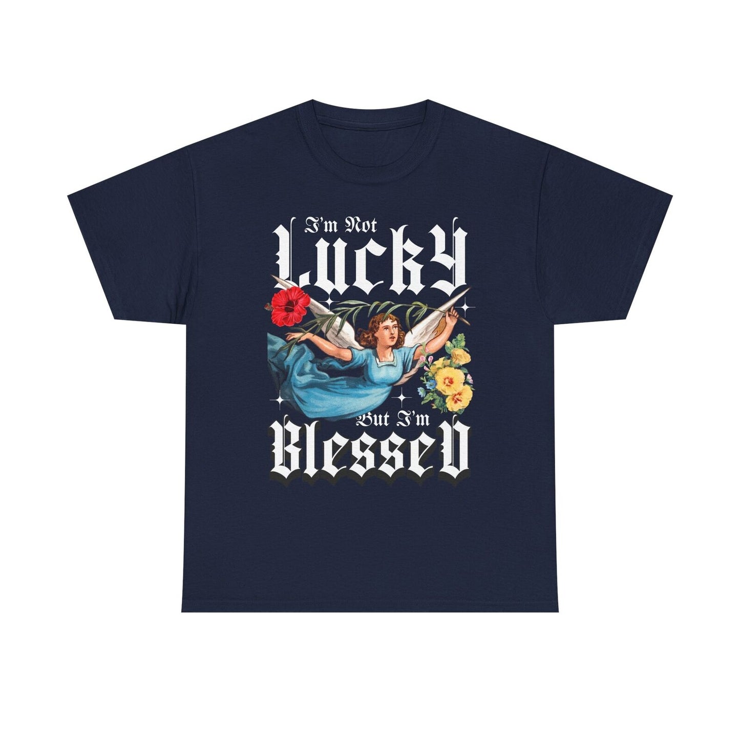 Vintage Mens T-Shirt "I'm Not Lucky But I'm Blessed" with Angel Design & Florals
