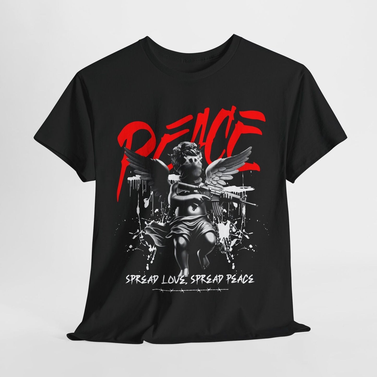 Edgy Monochrome Men's T-Shirt: Cherubic Angel, Rifle & Bold Peace Graphics Urban
