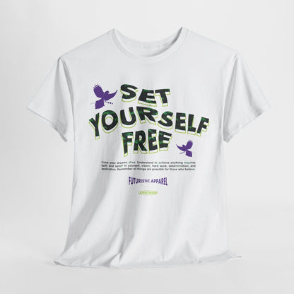 Empowering Set Yourself Free Graphic T-Shirt with Vibrant Leaf Design & Bird Art
