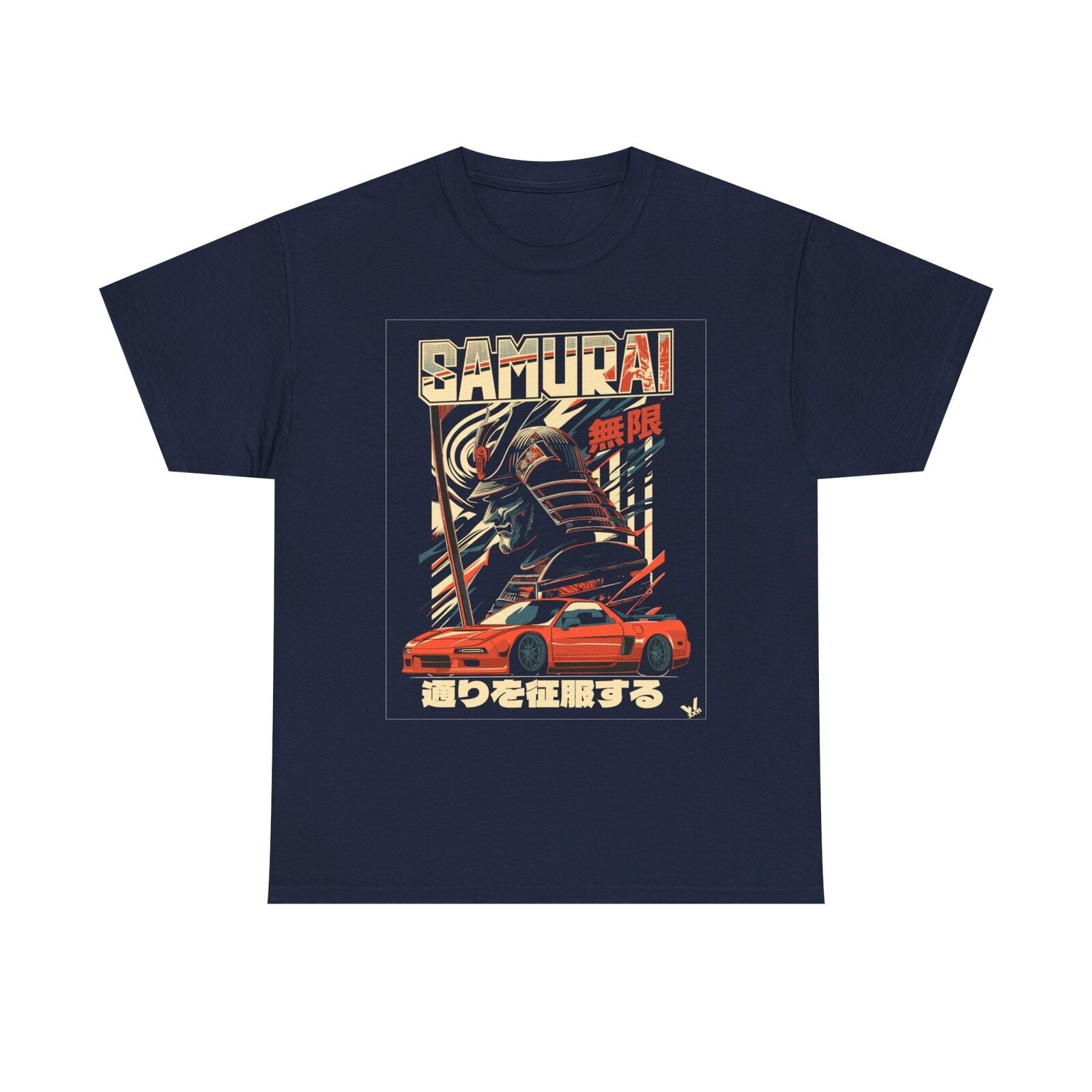 Epic Samurai Warrior Graphic T-Shirt with Nissan Skyline - Bold, Colorful Style!