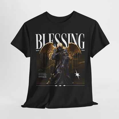 Men's T-Shirt: Dark Angel Design Flowing Black Robe & Golden Accents Graphic Art