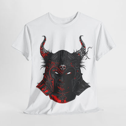 "Dark Warrior Men's T-Shirt: Intricate Helmet Design Bold Red and Gray Accents"