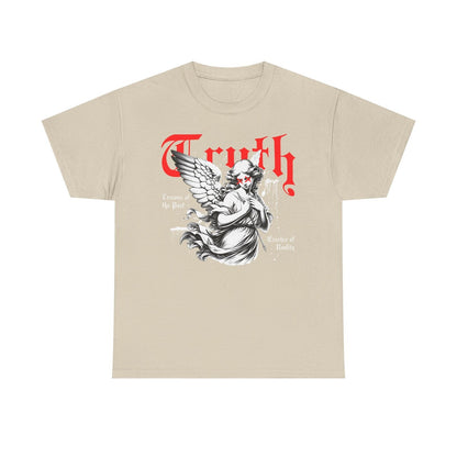 Men's T-Shirt with Winged Cherub Graphic: Dark Truth & Past Lessons Design