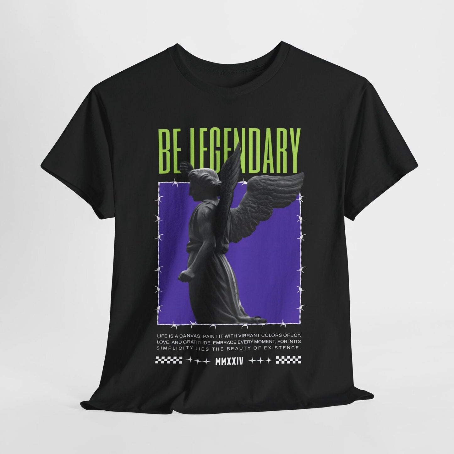 Mens T-Shirt with Angel Statue Graphic, Bold 'BE LEGENDARY' Quote, Purple Design