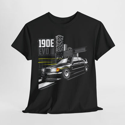 Dynamic Black 190E EVO II T-Shirt Design with Urban Cityscape & Speed Lines