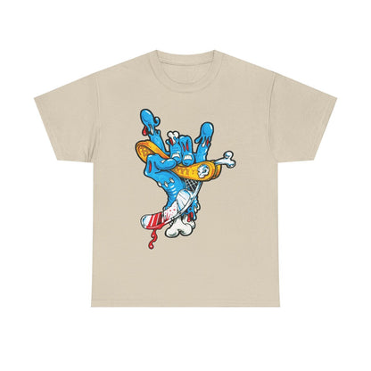 "Vibrant Graphic Men's T-Shirt with Bold Hand Design, Rock and Roll Aesthetic"