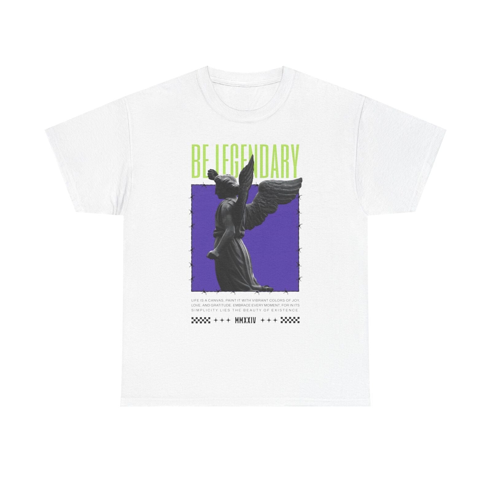 Mens T-Shirt with Angel Statue Graphic, Bold 'BE LEGENDARY' Quote, Purple Design