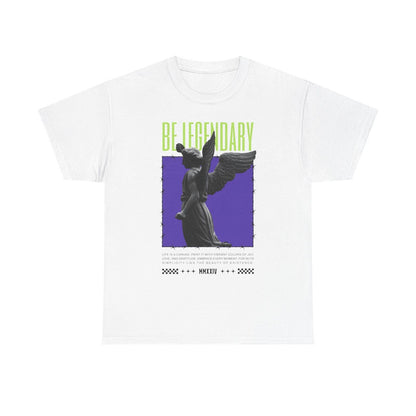 Mens T-Shirt with Angel Statue Graphic, Bold 'BE LEGENDARY' Quote, Purple Design