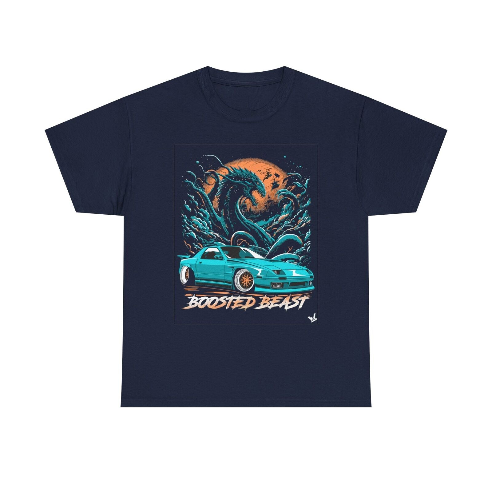 Boosted Beast Turbocharged T-Shirt: Vivid RX-7 Graphic with Ocean Waves Design!