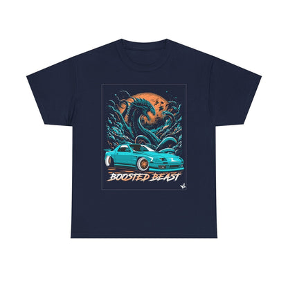 Boosted Beast Turbocharged T-Shirt: Vivid RX-7 Graphic with Ocean Waves Design!