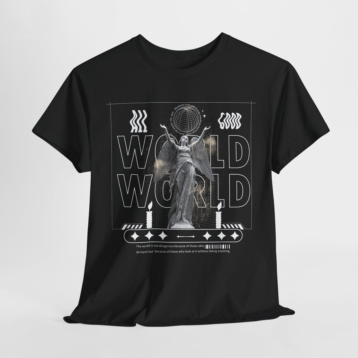 Eye-Catching Men's T-Shirt with Grayscale Angel Statue and Bold "WORLD" Design