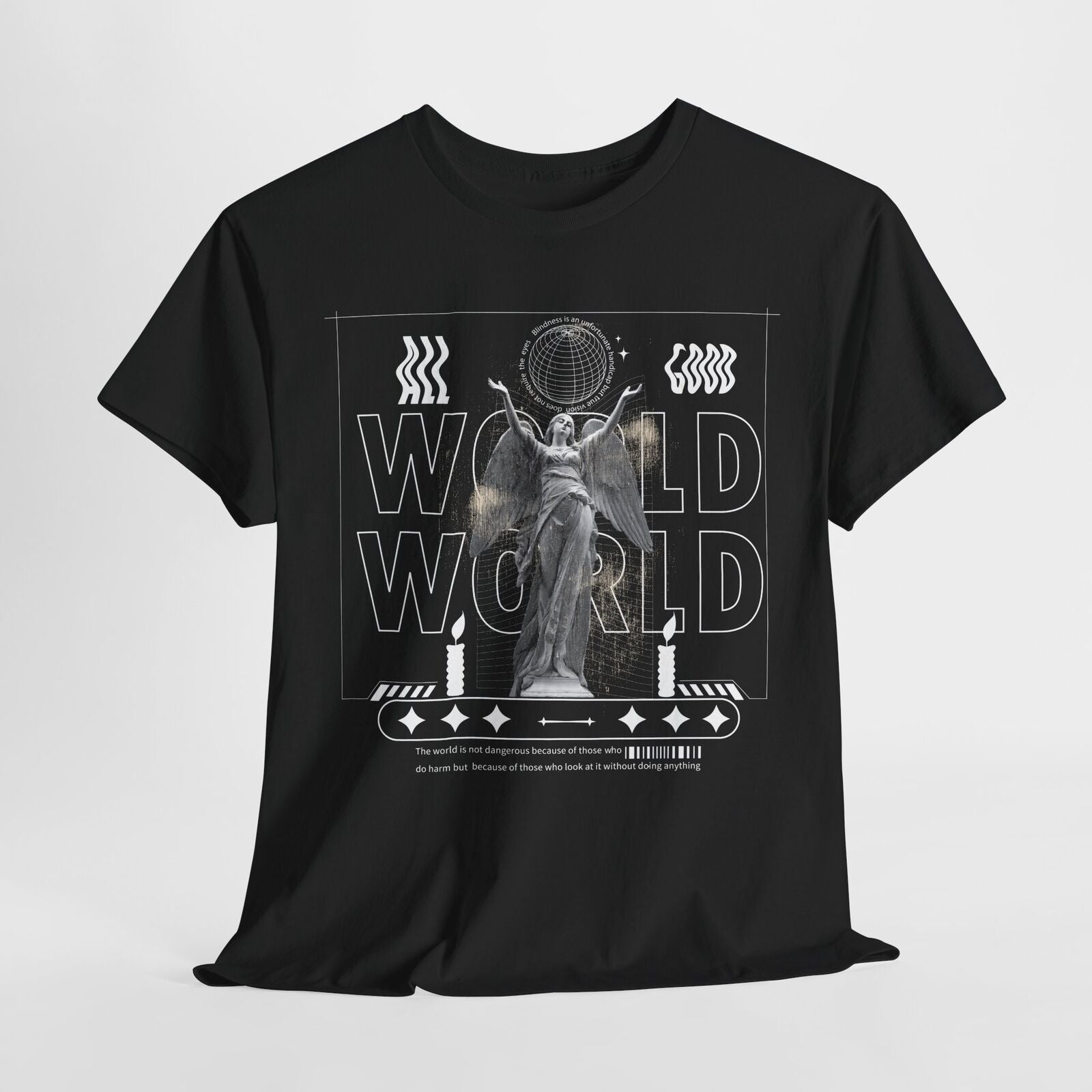 Eye-Catching Men's T-Shirt with Grayscale Angel Statue and Bold "WORLD" Design