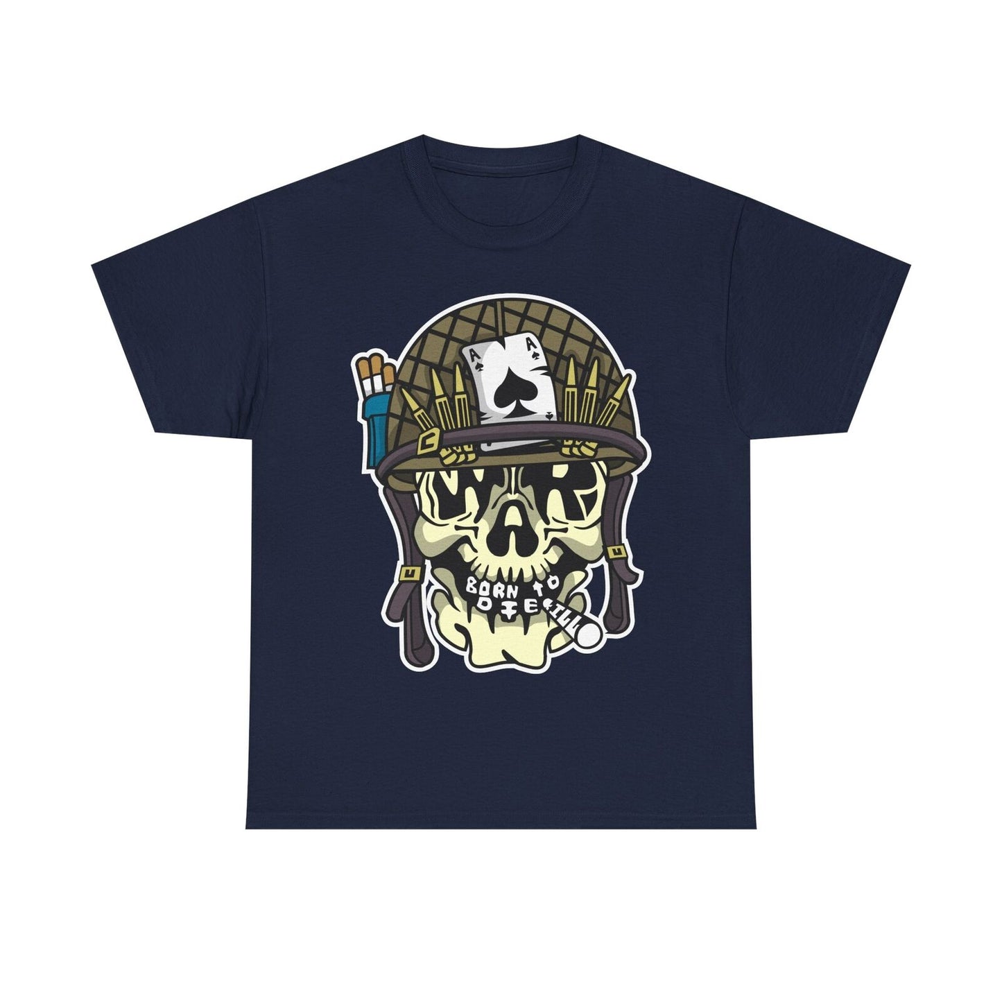 Men's T-Shirt with Cartoon Skull in Military Helmet, Ace of Spades & Bold Design