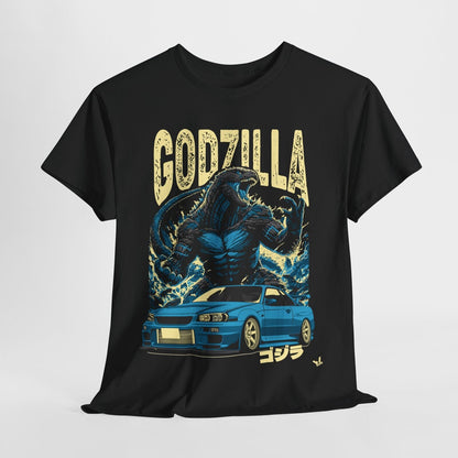 Epic Godzilla & Nissan Skyline R34 T-Shirt: Bold Graphic Japanese Culture Design