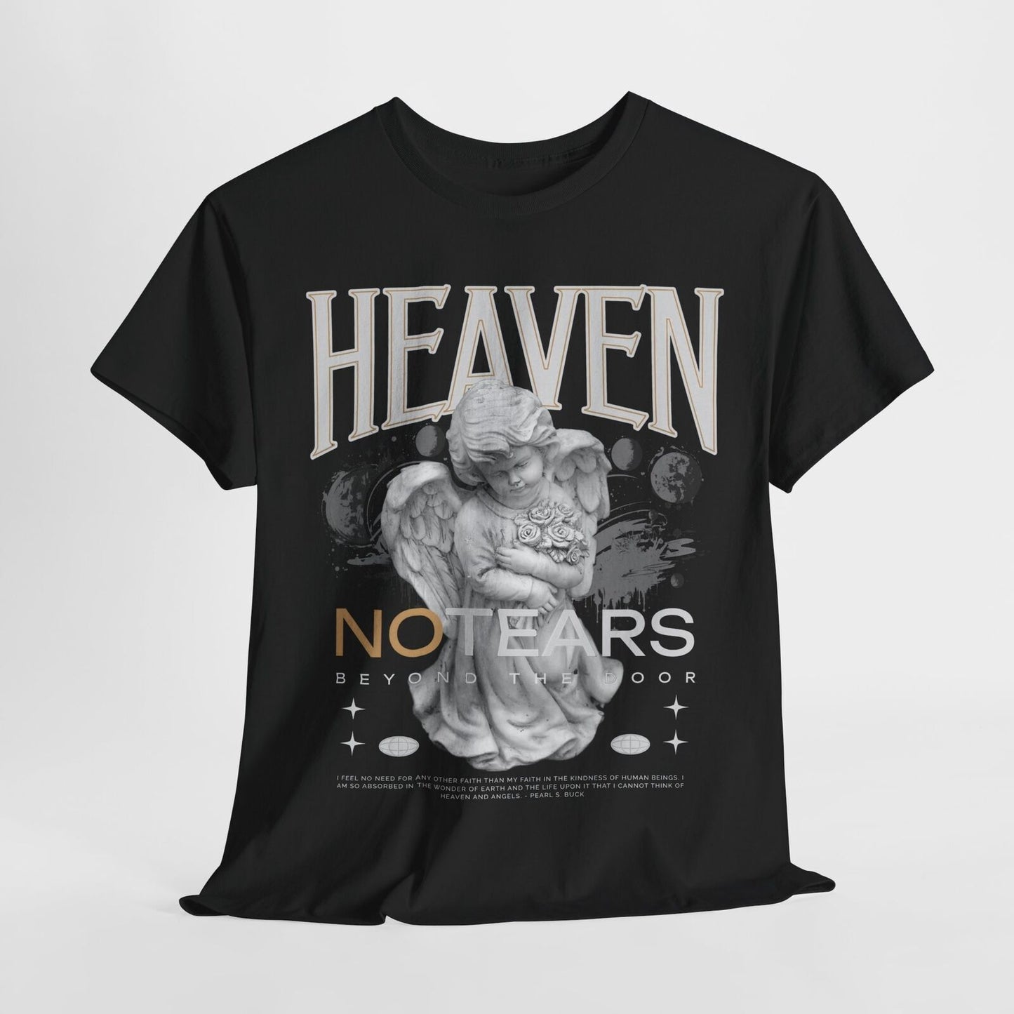 Heaven No Tears Graphic Men's T-Shirt Cherubic Angel Design with Celestial Style