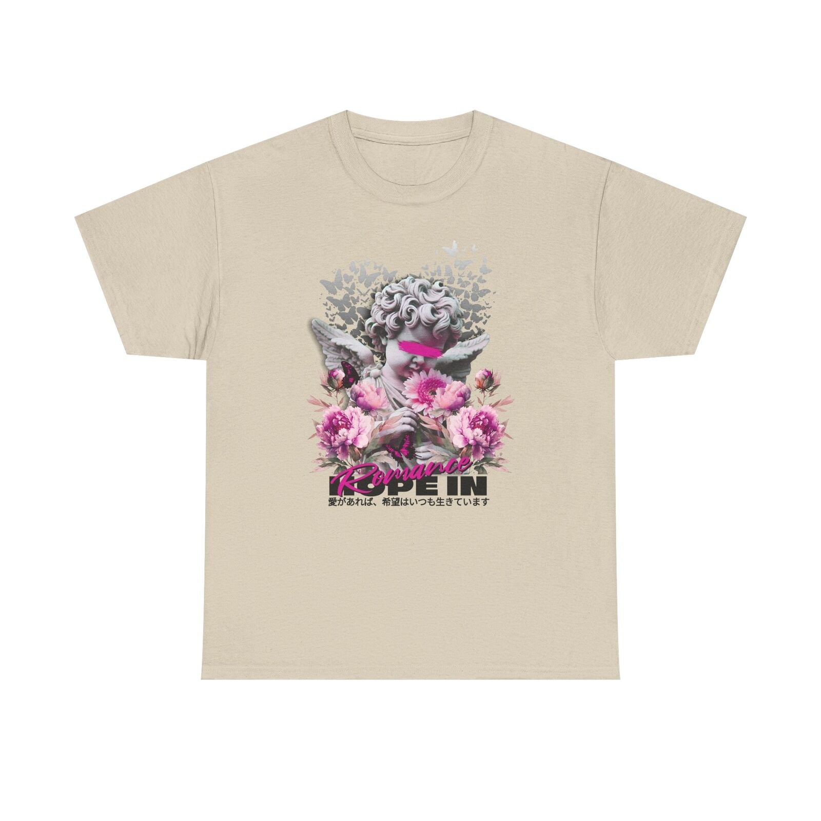 Artistic Men's T-Shirt Featuring Cherubic Angel, Romantic Flowers Hopeful Design
