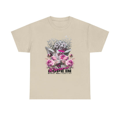 Artistic Men's T-Shirt Featuring Cherubic Angel, Romantic Flowers Hopeful Design