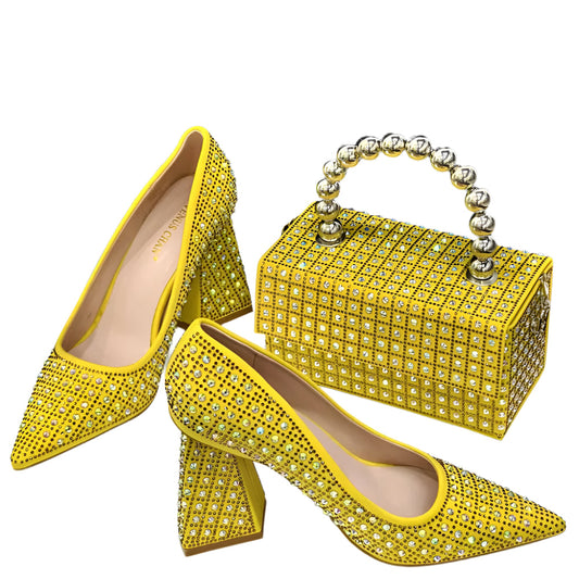 Elegant Luxury Women's Yellow Rhinestone Pointed Toe Slingback Pumps, perfect for weddings and parties.