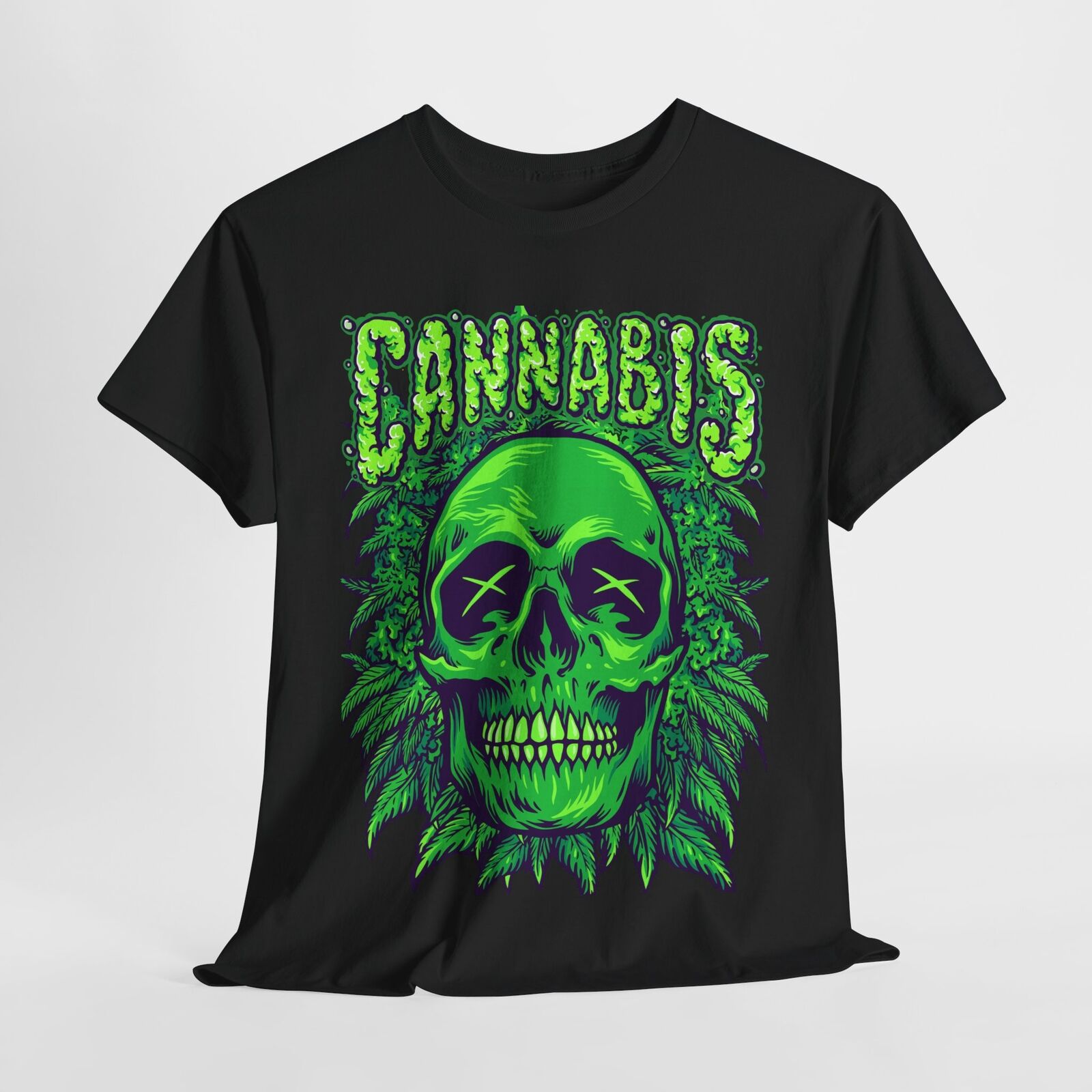 Bold Mens T-Shirt Featuring Vibrant Green Skull & Cannabis Leaves Graphic Design