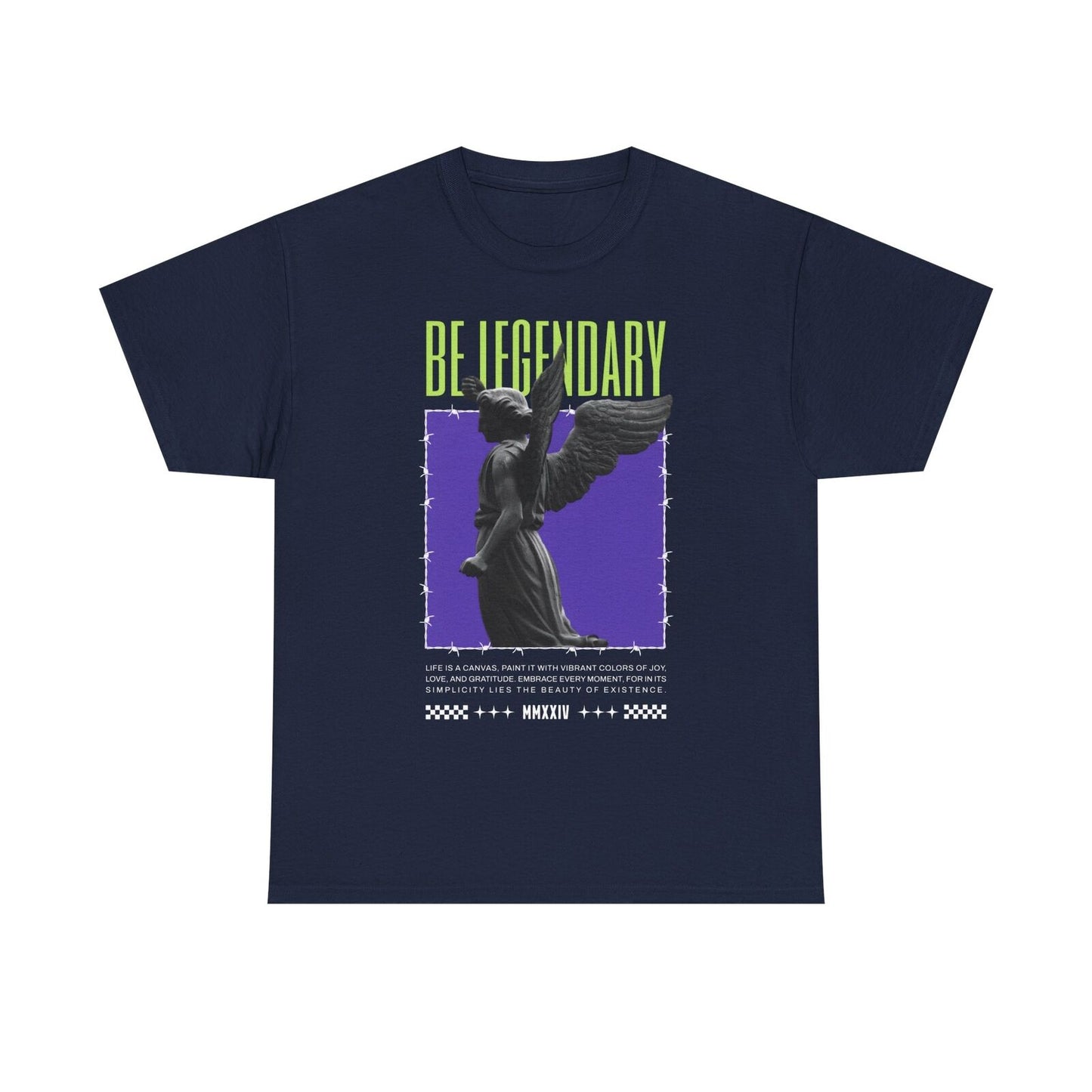 Mens T-Shirt with Angel Statue Graphic, Bold 'BE LEGENDARY' Quote, Purple Design