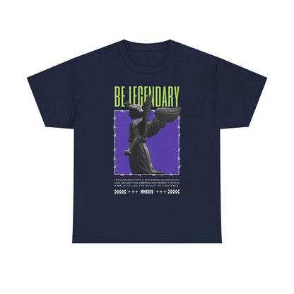 Mens T-Shirt with Angel Statue Graphic, Bold 'BE LEGENDARY' Quote, Purple Design