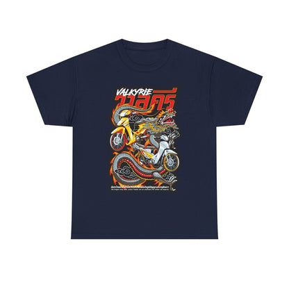 "Men's Graphic T-Shirt: Fiery Dragon & Motorcycle Art | VALKYRIE Bold Design"