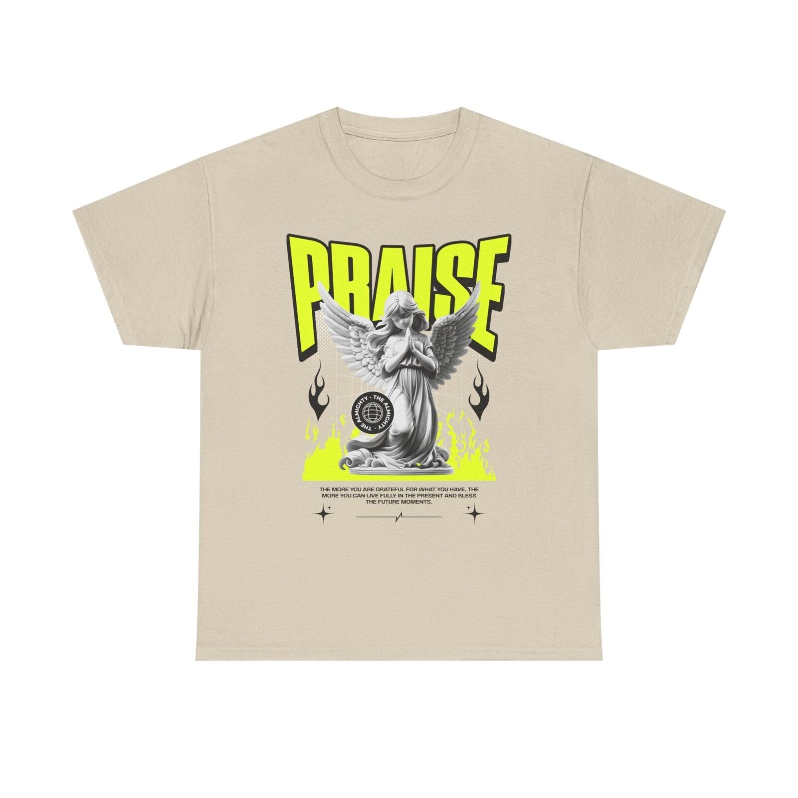 Bold Praise Graphic Men's T-Shirt with Angel Statue Design and Neon Flames Print