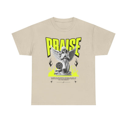 Bold Praise Graphic Men's T-Shirt with Angel Statue Design and Neon Flames Print