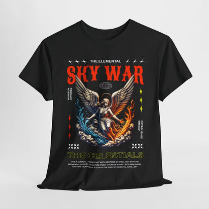 Epic Elemental Sky War Men's T-Shirt with Winged Angel Graphic Design Apparel