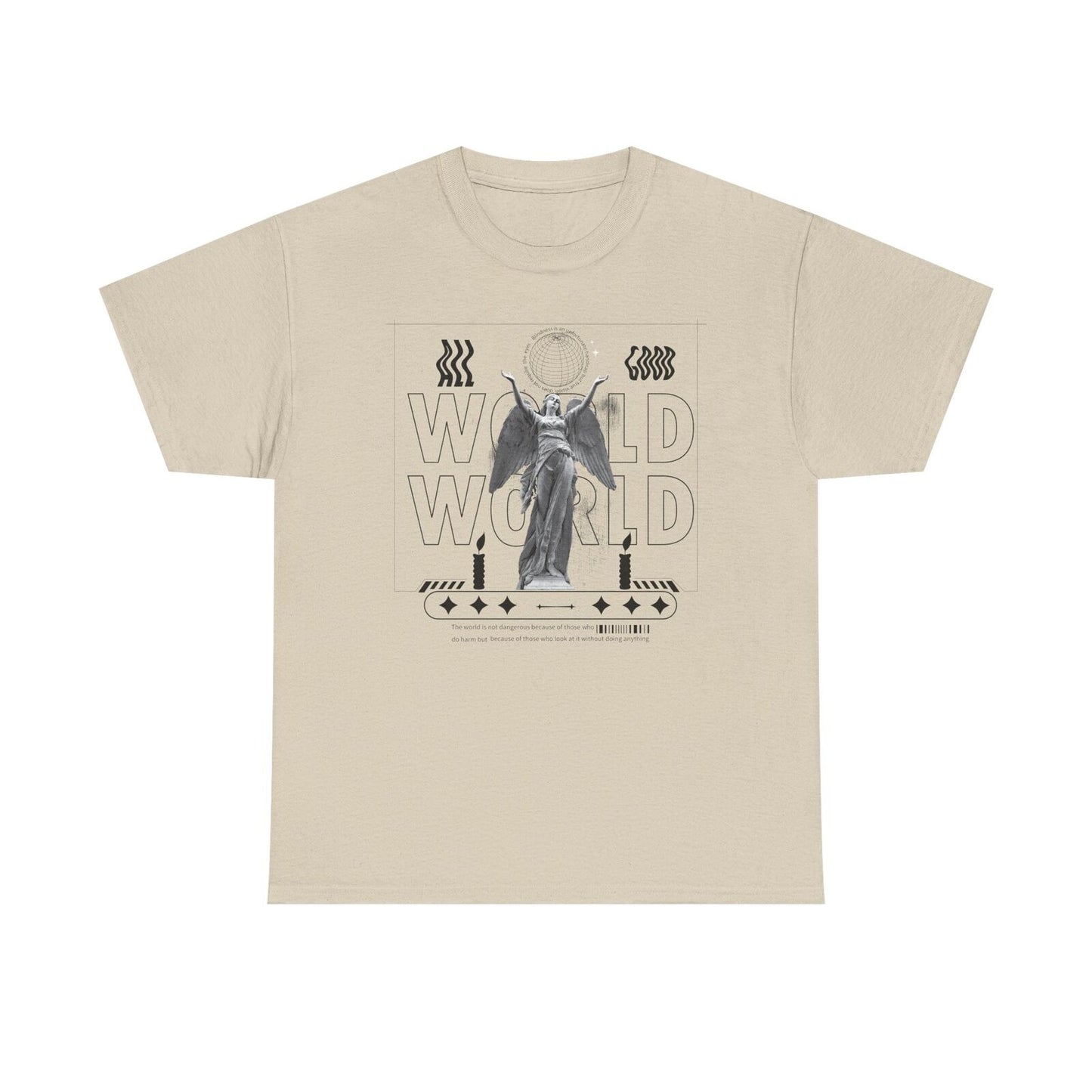 Eye-Catching Men's T-Shirt with Grayscale Angel Statue and Bold "WORLD" Design