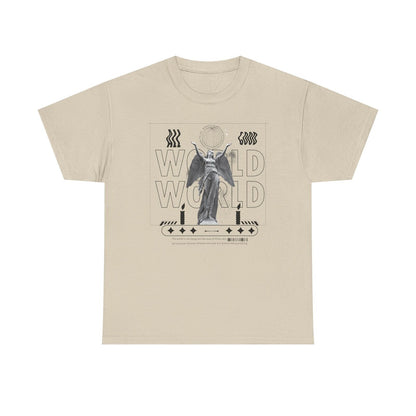 Eye-Catching Men's T-Shirt with Grayscale Angel Statue and Bold "WORLD" Design