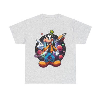 Cosmic Goofy Unisex Graphic Tee in grey featuring a vibrant illustration of the beloved Disney character Goofy in a cosmic wonderland, surrounded by colourful planets.