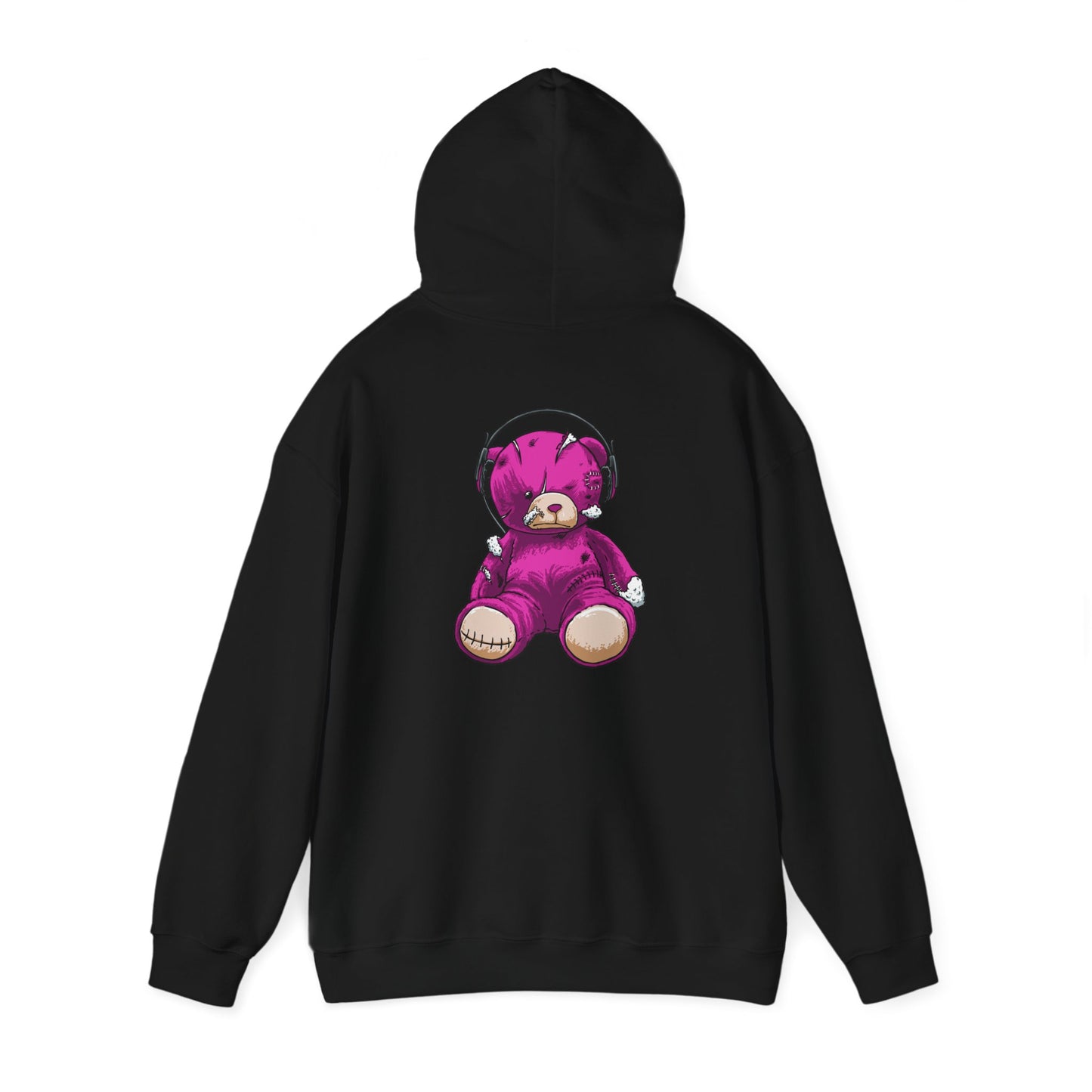 Luxurious black hoodie featuring an eye-catching graphic design of a distressed purple teddy bear with oversized headphones on the back.