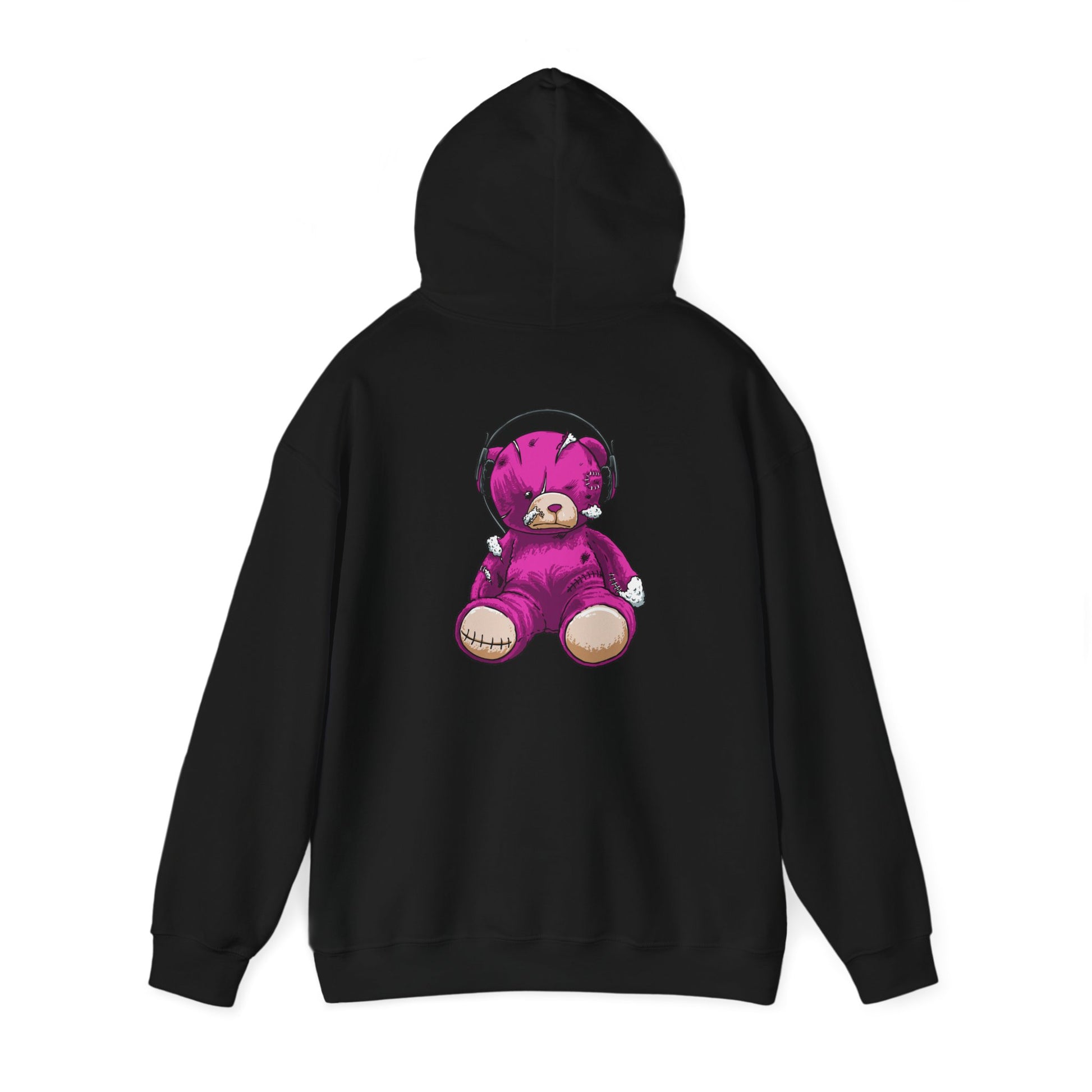 Luxurious black hoodie featuring an eye-catching graphic design of a distressed purple teddy bear with oversized headphones on the back.